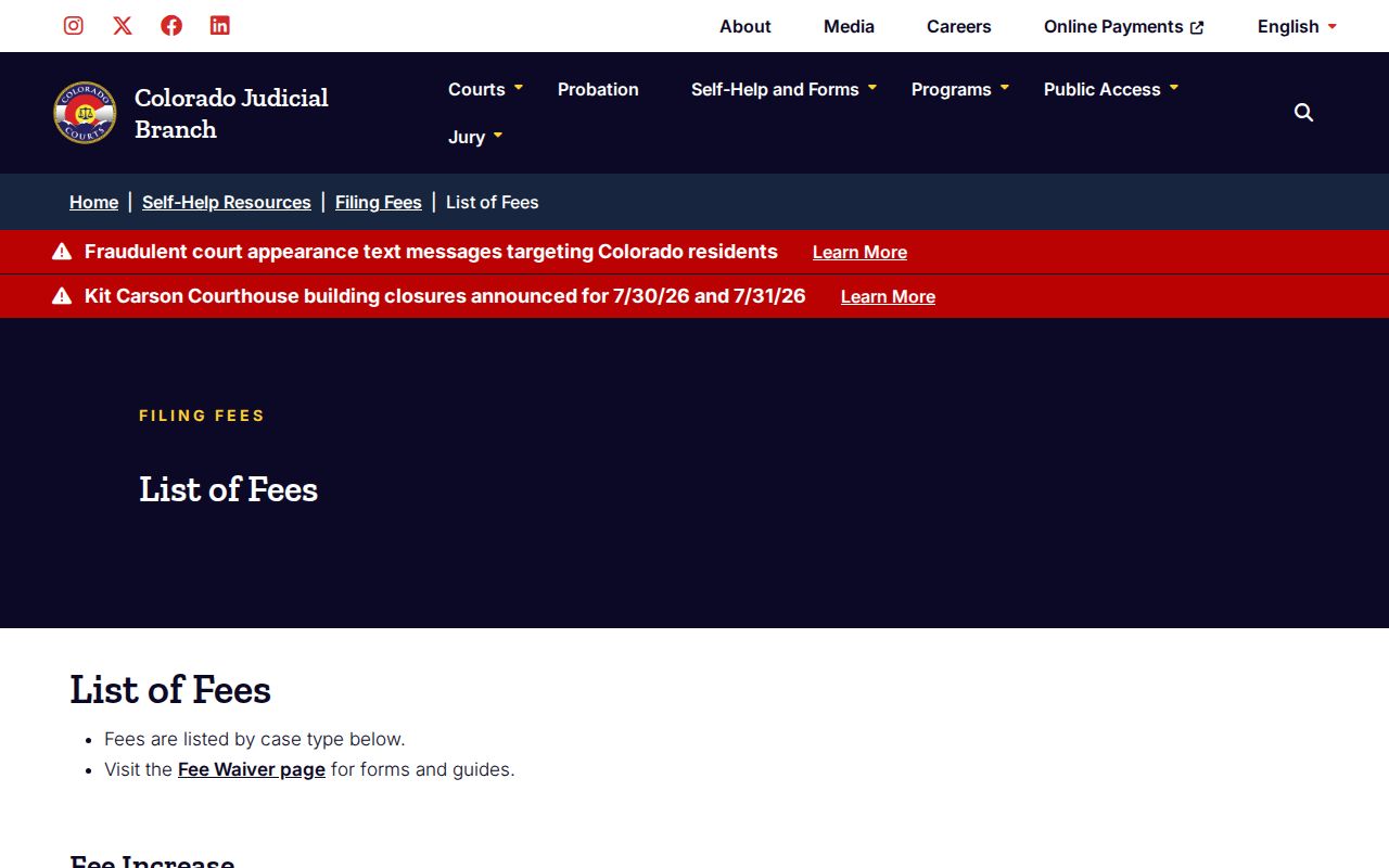 Jackson County Clerk of Court records Colorado court fee list