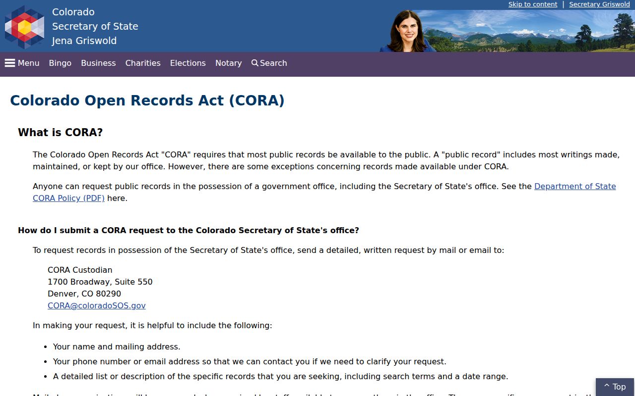 Jackson County court records Colorado Secretary of State CORA public records overview