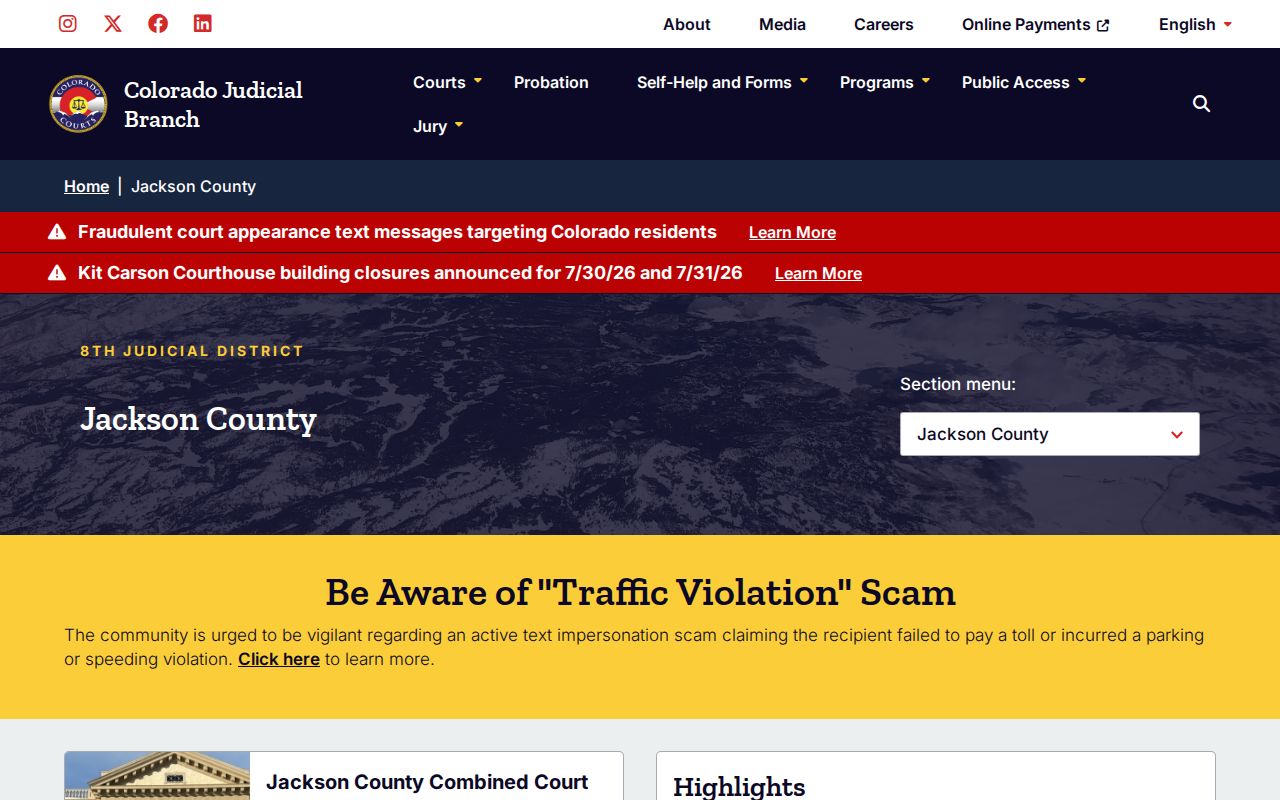 Jackson County court records Colorado Judicial Branch county court page